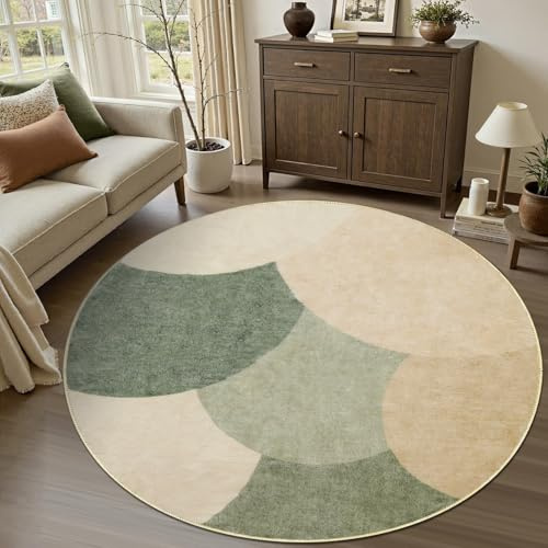 Runder Teppich 200cm Grün Taupe, Halbkreis Waschbarer Teppich Wohnzimmer | Türkis Flauschig Antirutsch, Kurzflor Teppich Rund Groß Waschbar Modern Weich Teppich Wohnzimmer, Schlafzimmer & Esszimmer