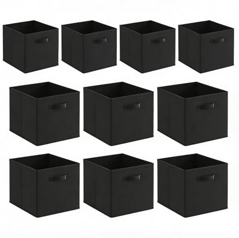 BonChoice Foldable Storage Cubes Boxes Pack of 10 with Handle for Home Organization, Fabric Wardrobe Storage Box Organizer Basket Bins for Clothes Toys Towels, Collapsible&Durable Black