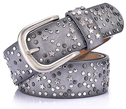 Cheerlife Damen Leder Gürtel mit Nieten besetzt Stern Dekoration Jeansgürtel, kürzbar, Breite 3,8cm (Grau)