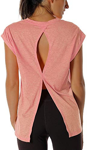 icyzone T-Shirt de Sport Femme Yoga Shirt Manches Courtes Fitness Running Décontracté Tops Dos Ouvert(M, Rose thé)
