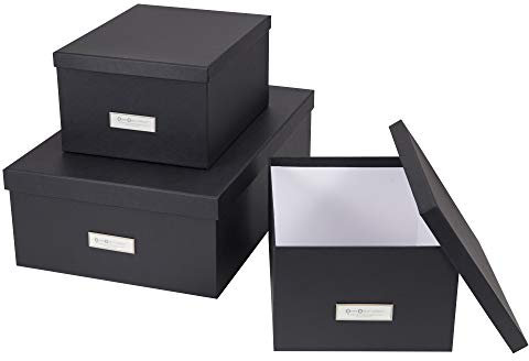 BIGSO INGE 3er-Set Aufbewahrungsboxen für das Schlaf-, Kinder-, Arbeits- oder Badezimmer – stapelbare Ordnungsbox mit Deckel – Aufbewahrungskisten aus Faserplatte und Papier – dunkelgrau