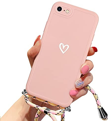 Lafunda Coque Compatible avec iPhone 8/7/SE 2020, Étui à Bandoulière et Cordon Réglable Housse en Silicone Motif de Coeur Antichoc Coque pour Apple iPhone 8/7/SE 2020 Rose