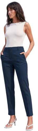 Roman Straight Leg Stretch Trousers for Women UK Ladies Work Office Smart Suit Pants Slacks Cigarette Tailored High Elasticated Waist Ankle Grazer Slim Angela - Regular Navy (28 inch) - Size 8