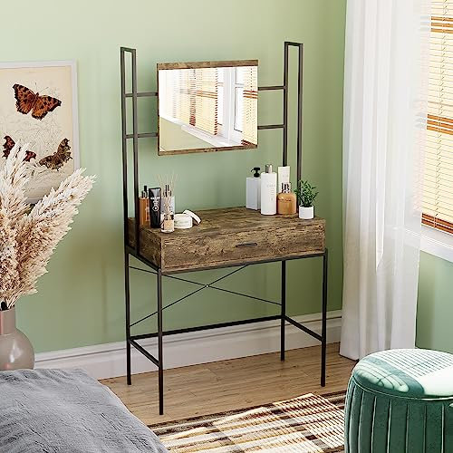 Vida Designs Brooklyn 1 Drawer Dressing Table Make Up Desk Vanity Set Industrial Bedroom Furniture, Dark Wood