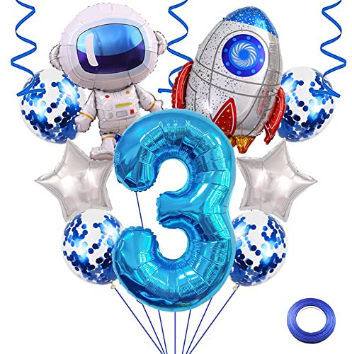 Weenkeey 3. Geburtstag Weltraum Luftballons Riesen Astronaut Rakete Folienballons 32 Zoll Blau Zahl 3 Helium Ballon 3. Geburtstag Luftballon Raummann Mylar Balloon für Junge Geburtstag Party