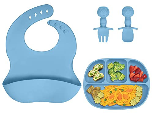 Aolso Assiette Bébé, Assiette en Silicone pour Bébé,Lot de 4, Coffrets repas Bebe Silicone, Enfant Set Couverts Vaisselle pour Sevrage Manger Apprentissage Ventouse pour bébé,Passe Lave et Micro Onde