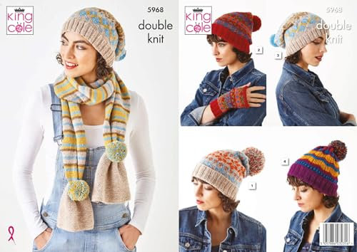 King Cole 5968 Adult DK Hat Scarf Hand Warmers Knitting Pattern