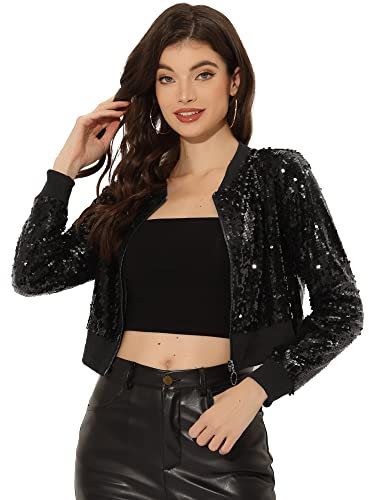 Allegra K Damen Pailletten Jacke Langarm Reißverschluss Crop Glitzer Sequin Bomberjacke Schwarz XL