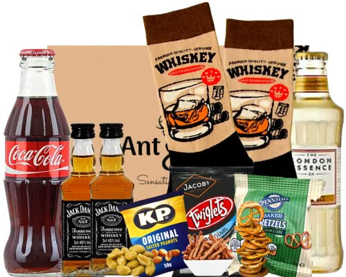 The Whiskey Gift Set For Men and Women - Includes 2 x Mini J Daniels| 2 X Mixers| Multi Snacks| A Cheeky Whiskey Premium Themed Socks - Father's Day|Easter| Christmas|Birthdays|Annivessaries