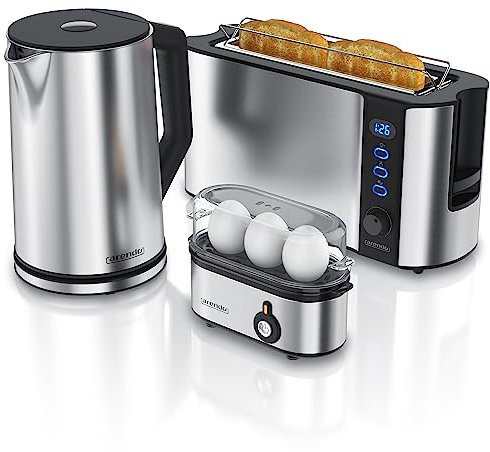 Arendo - Wasserkocher mit Toaster SET und Eierkocher Edelstahl Silber, Wasserkocher 1,5L 40° - 100°C Toaster 2 Scheiben LED-Display 6 Bräunungsgrade Eierkocher 1-3 Eier Messbecher BPA frei