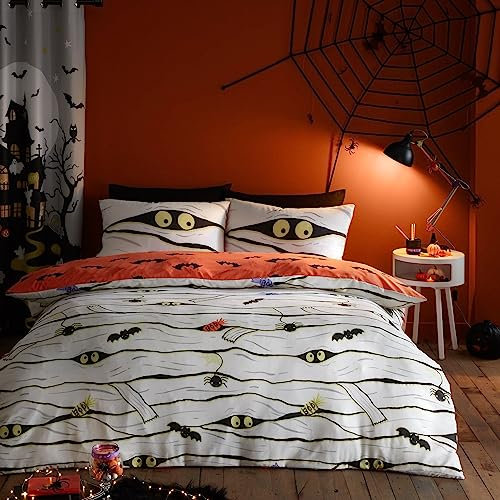 Bedlam - Gruselige Mumien Bettwäsche - Einzelbett (140 x 200cm) - Wende (2 Motive) - Leuchtet im Dunkeln - Gruselige Mumien & Vampirfledermäuse Bettwäsche - Halloween Dekoration für Schlafzimmer