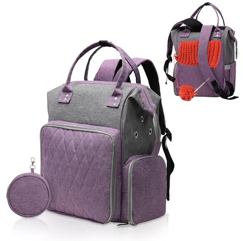 Large Capacity Knitting Bag Backpack,Portable Crochet Bags and Totes Organizer for Women, Yarn Bags Holder Case for Crocheting and Carrying Crochet Accessories(Violet)