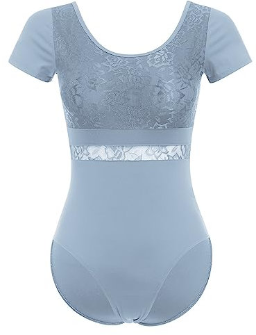 Damen Ballettanzug Ballettbody Sport Yoga Tanz Body Gymnastikanzug Trikot Kurzarm Bodysuit Spitze Einteiler Turnanzug Leotards Overall Oberteile Tops Elegant Ballett Bekleidung Staubiges Blau S