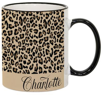 Personalised Cheetah Print Mug Custom Name, Leopard Print, Animal Print, Coloured Rim Coffee, Tea Mug. (Black Rim)
