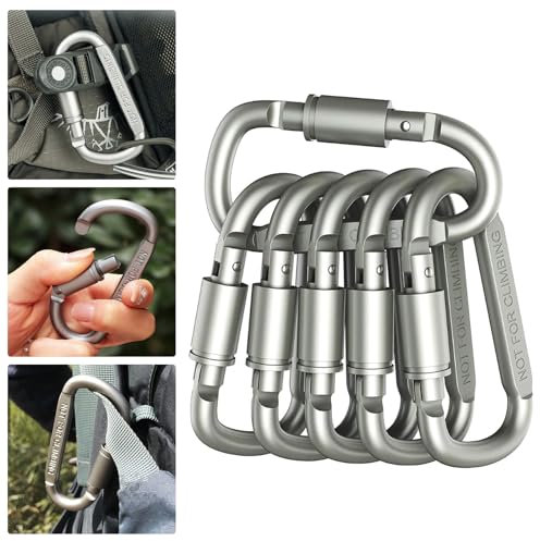 Small Locking Key Carabiner Carabiners Clip D Ring Rings Camping Gadgets for Water Jug Dog Leash Keychains, 6 Pcs Grey