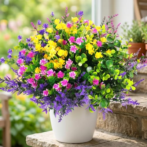 Hananona 12 Pcs Artificial Flowers Outdoor, Faux Artificial Plants Shrubs Plastic Flower Bulk for Hanging Planter Porch Window Home Wedding Fall Summer Decor (12, Multiple Color)