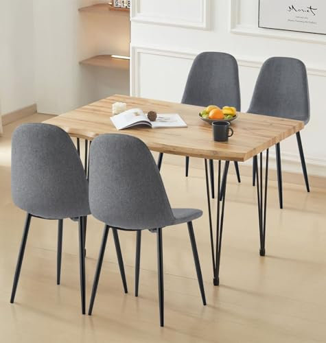 Hallowood Furniture Cullompton Large Dining Table and Chairs Set 4, Live Edge Effect Top Kitchen Table with Upholstered Dark Grey Fabric Dining Chairs, Dining Table Set for Home and Café