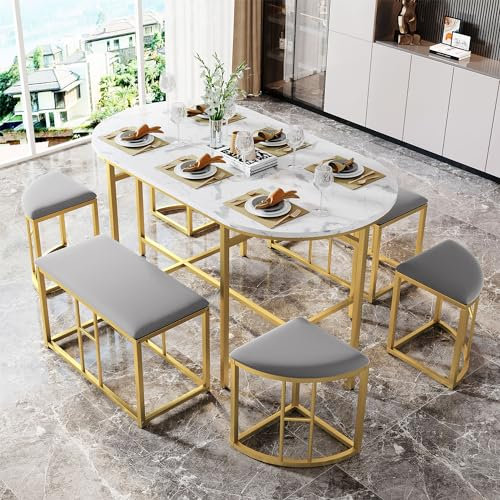 Zelquyx Furniture - Mesa de comedor ovalada con 6 taburetes acolchados blancos, aspecto de mármol blanco, mesa de cocina moderna con sillas, juego de mesa de comedor de 140 x 70 x 76 cm, juego de