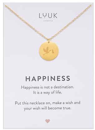 LUUK LIFESTYLE elegante Damen Halskette mit Coin I Plättchen Anhänger und eingraviertem Storch, schlichtes und alltagstaugliches Design, Gold