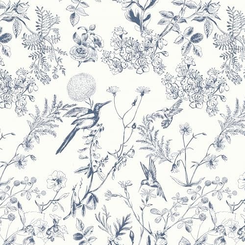 Yomshi Peel and Stick Wallpaper White and Blue Self Adhesive Wallpaper Floral 44×300cm Bird Wallpaper Botanical Stick on Wallpaper Waterproof Vinyl Wall Covering Decorative Film for Bedroom