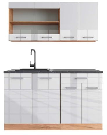 Vicco Singleküche R-Line, Weiß Hochglanz/Goldkraft Eiche, 140 cm, AP Anthrazit