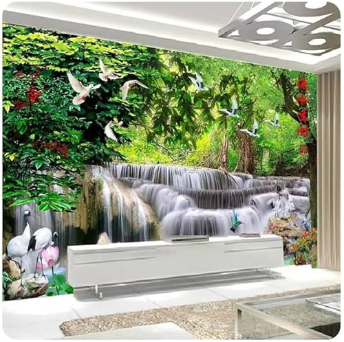 Vlies Fototapete Wasserfall Lotus Dschungel 300X210 Cm - Foto Tapete Schlafzimmer Wohnzimmer Moderne Vliestapete XXL Wandtapete Motivtapeten Bildtapete 3D Effekt Wand Dekoration