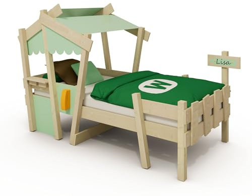 Wickey Kinderbett Crazy Comfy - Einzelbett, Spielbett für Kinder aus Massivholz mit Planendach - 90 x 200 cm - pastellgrüne Plane