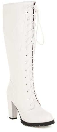 HQINGAXU Donna Stivali Ginocchio Piattaforma Stretch Tacco Alto Chunky Stivali Lunghi Abito Pelle Verniciata Cosplay Combat Biker Punta Quadrata Stivali Invernali Polpaccio Largo,Bianca,44 EU