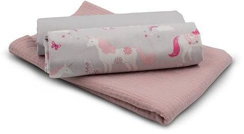 VmG-Store Musselin + Baumwollstoff Set farblich abgestimmt Double Gauze Stoff 100% Baumwollstoff Tex Standard 100 (Set19 Einhorn)