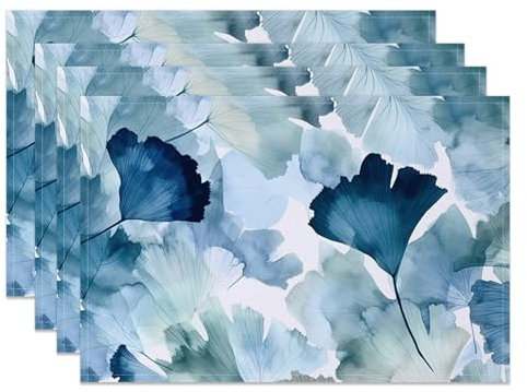 MIRRORANG Ginkgo-Tischsets, 4 Stück, 45 x 30 cm, blau-grün, Ginkgoblätter, Aquarell, waschbar, Tischset für Küche, Esszimmer, Urlaub, Party, Dekoration
