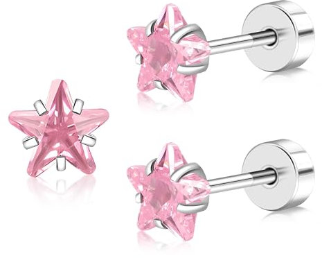 FACOKO Orecchini da donna Orecchini a Bottone in Titanio con Zirconi Rosa a Stella – 5MM – Senza Nickel Ipoallergenici (Stella rosa CZ-5MM)