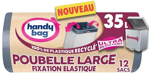 Handy Bag - Sacs poubelle à fixation élastique Poubelle Large 35L x 12 sacs - Adapté aux poubelles rectangulaires - Ultra Résistant et étanche : film triple épaisseur - 100% plastique recyclé