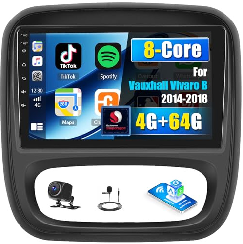 Qualcomm 8-Core 4＋64G Android Car Stereo for Vauxhall Vivaro Renault Trafic FIAT Talento Nissan NV300/VW30 with Wireless Carplay Android Auto 9 Inch Touchscreen Radio GPS Bluetooth FM RDS Camera