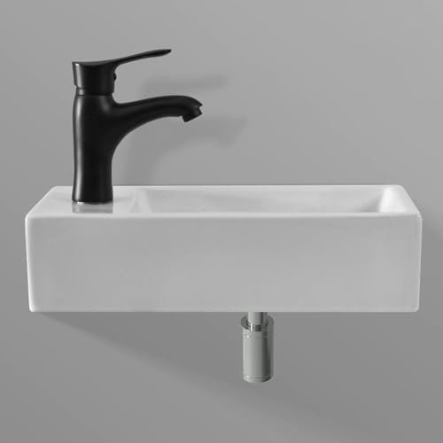 Rechteckiges Waschbecken Becken mit rechts/Links Tipploch, wandmontierte Moderne Keramikwaschbecken für kleine Raum Heimküche Outdoor, Zubehör Nicht enthalten