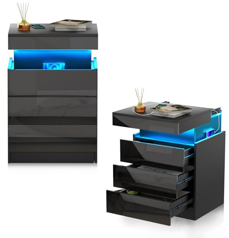 HaodaCulture Nachttisch 2er Set, Nachtschrank Schwarz mit 3 Schubladen, Nachttisch mit Beleuchtung, 2 AC Steckdosen, 2 USB Anschlüsse, Beistelltisch für Schlafzimmer Schwarz 45x40x67cm