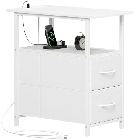 Somdot Nachttisch mit Steckdose, Schlafzimmer, 2 Stoffschubladen, Weiß | Nachtschrank Stoffschubladen, 2 AC-Steckdosen, 1 USB-A & 1 USB-C Anschluss, Metallrahmen, Wohnzimmer, 50T x 30B x 62H