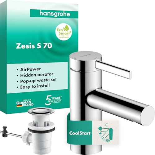 hansgrohe Zesis S 74710000 Robinet de lavabo avec tirette, économe en énergie (CoolStart), robinet de salle de bain avec hauteur de bec 74 mm, mitigeur à économie d'eau (EcoSmart+), chromé,