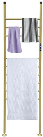 YUNRUX Sèche-serviettes électrique 45 ~ 70 ℃ - Radiateur de salle de bain - Échelle de serviette au sol - Minuteur 1-24 h - Charge maximale : 15 kg - Sèche-serviettes debout - Commande tactile - Doré