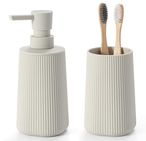 YAUKPH Seifenspender und Zahnbürstenhalter für Badezimmer, gestreift, Beige | Badezimmer-Zubehör-Set, 2-teilig, für Badezimmer-Arbeitsplatte, Aufbewahrung und Dekoration