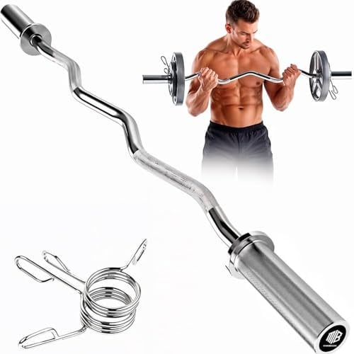 ManiBoom Barra Pesas Z Curly o Recta 120 cm de 8,5kg para Discos y Pesas de Ø50mm - Barra de MUSCULACION para Biceps y Triceps Halterofilia Crossfit - Barra Gimnasio con Cierres de Resorte