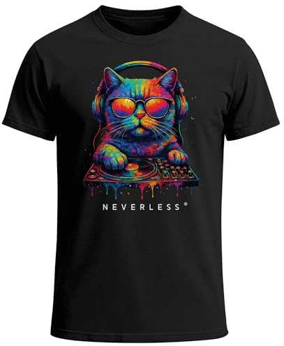 Neverless® Herren T-Shirt DJ Katze Musik Print Festival EDM Shirt mit Katzenmotiv am DJ-Pult – Streetwear für Musikfans Club Sommer