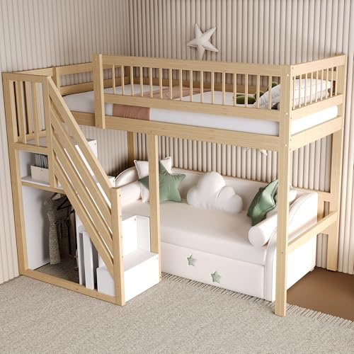 WIZBED Hochbett 90 x 200 mit Kleiderschrank, Treppe, Kinderbett Holzbett mit rausfallschutz, Etagenbett Stockbett Funktionsbett,ohne Matratze,Holzfarbe