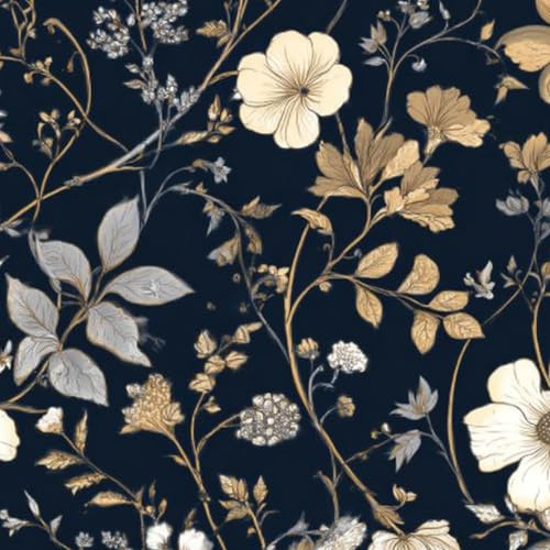 DERUINVAIO Self Adhesive Feature Removable Floral Elegant Gold Silver Leaves Dark Peel and Stick Vinyl Wallpaper Roll, Sticky Lining Paper for Bedroom, Living Room, Kitchen Walls