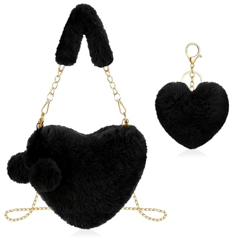 DIELOVEHUA Plüsch Umhängetasche, Herz Plüsch Tasche, Niedlich Flauschige Crossbody Tasche, Herz Schlüsselanhänger für Mädchen Damen, für Täglich Reisen Geburtstag Geschenk Valentinstag (Schwarz)
