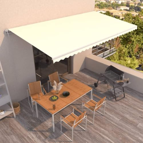 Tenda da Sole Retrattile Automatica 600x350 cm Crema con Telecomando e Manovella Manuale, Tessuto Poliestere con Rivestimento PU, Telaio in Alluminio Verniciato a Polvere,