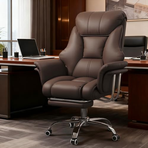 XUEGW Office Chair with Foot Rest and Waist Lumber Support, Ergonomic Gaming Chair with Adjustable Height Headrest, High-Back PU Leather Reclining Chair for Home Office (Brown)