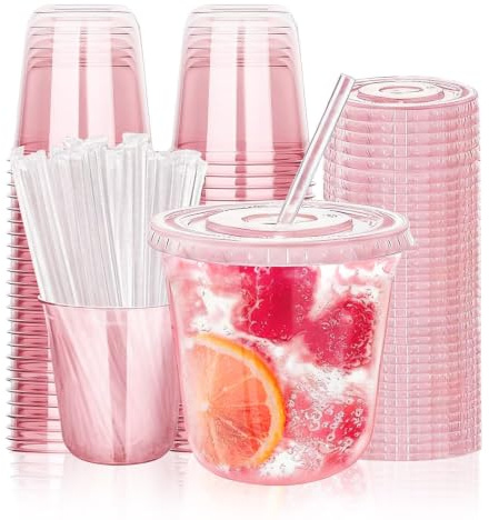 12oz Ice Coffee Cups Smoothie Cups with Lids and Straw 50 Pack Reusable | Recyclable Smoothie Cups with Leak Proof Paper, Clear Coffee Cups for Drinks on The Move, Fits Most car Holders Pink