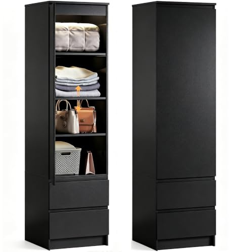 Wumagin Armario Multiusos 1 Puerta, Armarios Dormitorio con 2 Cajones y 4 Estantes, Mueble Auxiliar Moderno (Negro)