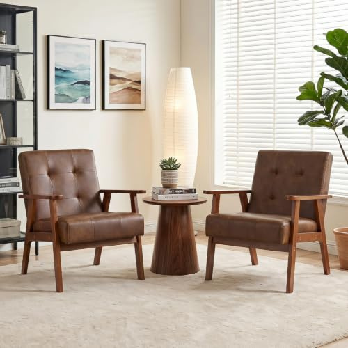 Ckaff Sessel mit Armlehnen 2er Set, Loungesessel aus PU-Leder mit Dickem Kissen, Cocktailsessel mit Massiven Holzbeinen, Polstersessel für Wohnzimmer, Schlafzimmer, Aufenthaltsraum, Büro, Braun