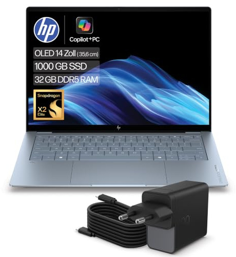 HP OmniBook Ultra, 14 3K OLED Touch, Snapdragon X2 Elite, 32GB RAM, 1TB mit HP 100W GaN USB-C Ladegerät